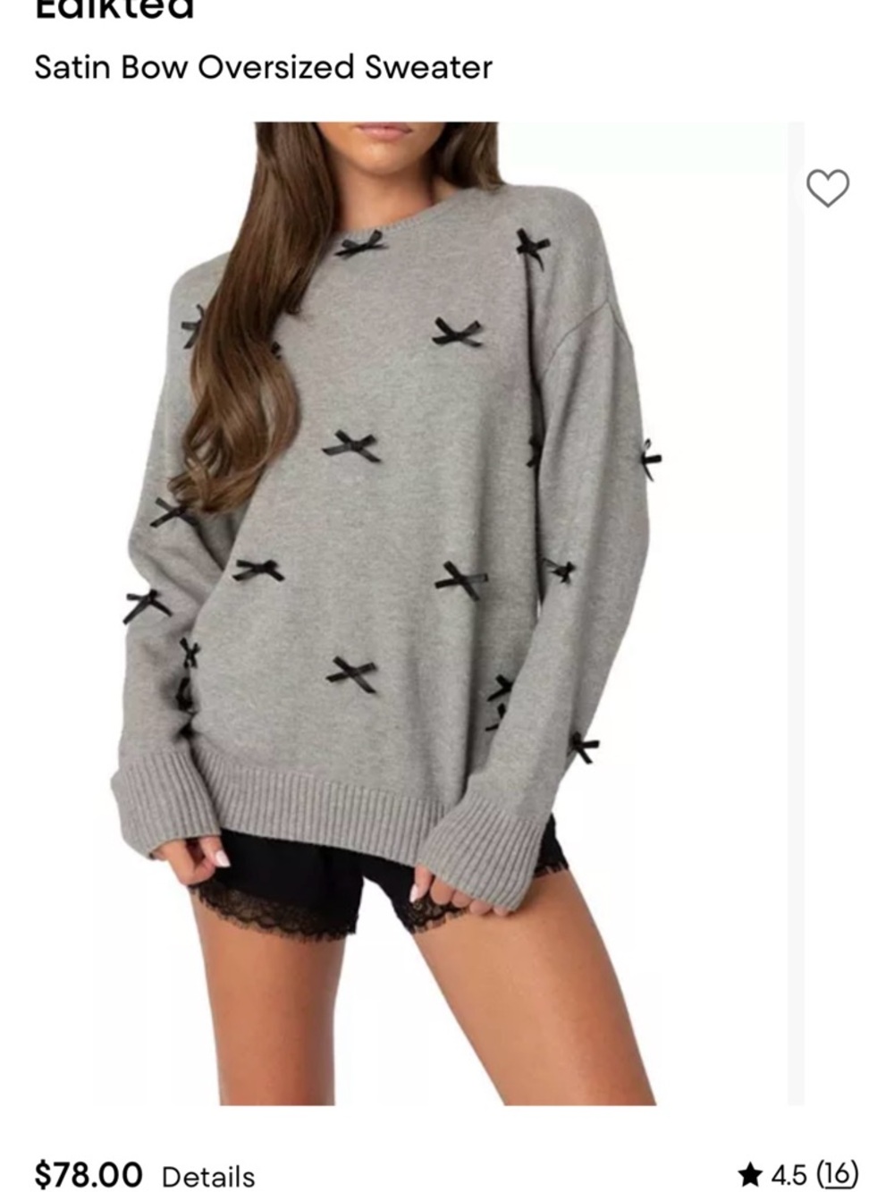 NWOT!  Edikted Gray Oversized Crew Sweater with Black Satin Bows